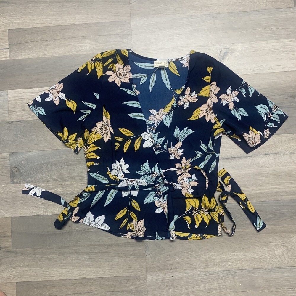 Midnight Sky Women's Floral Blue Blouse Front Tie Shirt Top - Size M